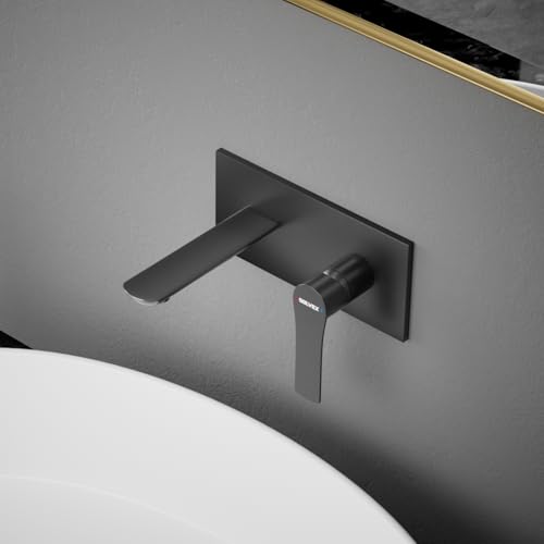 SOLVEX Moderno Grifo de Baño de Montaje en Pared, Monomando Grifo para Lavabo de Baño, Llave Monomando para Lavabo Latón, Grifo de Fregadero de Baño Con Válvula Rugosa, Negro Mate, SP-91003-N