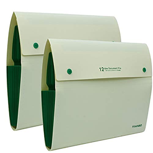 TRANBO® 12 Pockets Expanding File Folder with Index Tabs Document Organizer, A4 Size, Yellow – Pack of 2
