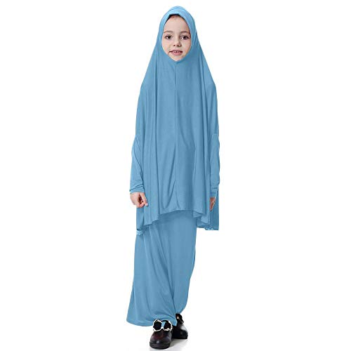 5-9T Muslim Kids Girls Batwing Sleeve Dresses Tops Solid Traditional Abaya Tunic Long Dress 2pcs Outfits Set (Sky blue, 9T / XL) - Thumbnail 3
