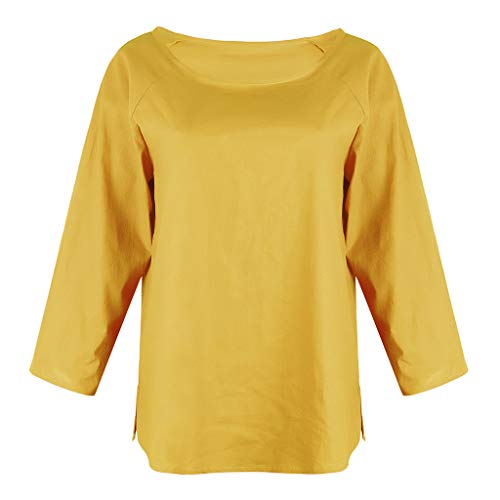Ximandi Womens Casual Solid O-Neck 3/4 Sleeve Linen T-Shirt Ladies Summer Loose Top Blouse Yellow - Thumbnail 3