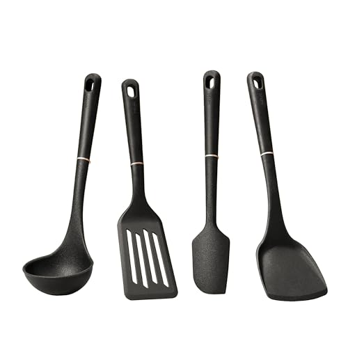 Meyer Tools/Cooking Utensils Set for Non Stick Cookware, 4 Piece: Silicone Ladle, Wok Turner, Spatula and Nylon Flipper, Heat Resistant Silicone Handles, Matte black