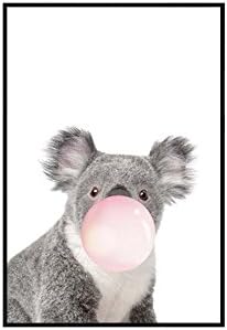 Quedom _Canvas Print Wall Art Painting for Children Room with Black Frame Decorative Artwork _ Animal Series _The Sloth Blowing Bubble Gum _Grey and White_12"x 16"