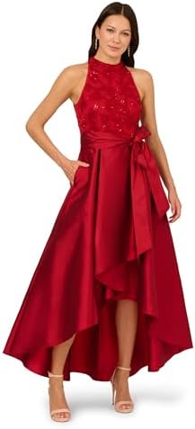 adrianna papell high low mikado dress red Red Sleeveless 3D Flower Mikado Midi Dress