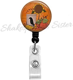 Primitive Sunflower and Crow Badge Reel - Retractable ID Holder - Thanksgiving - Teacher, Office, Nurse Badge Reel