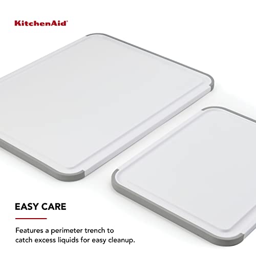 KitchenAid Classic Nonslip 2-Piece Plastic Cutting Board Set with Perimeter Trench and Non Slip Edges, 2-Piece Kitchen Chopping Boards, Dishwasher-Safe, White and Gray