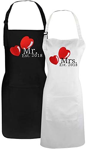 Cotton Embroidered Aprons Mr and Mrs Est. 2018 Wedding Aprons for Couples, Wedding Gift Set for Bride and Groom - 29.5 inch by 24 inch