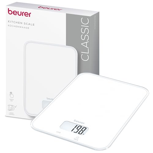 KS 19 Pure White balanza de cocina digital, capacidad de hasta 5 kg (división precisa de 1 g), balanza doméstica con sensor táctil, balanza para alimentos incl. pilas, diseño ultraplano, blanco