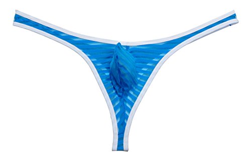 Jaxu Men's Bordered Mesh Striped Thong Underwear Blue Large