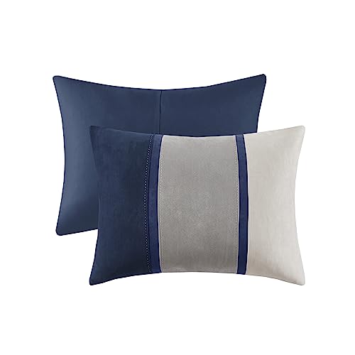 MADISON PARK PALISADES COMFORTER SET MODERN FAUX SUEDE PIECED STRIPE DESIGN, ALL SEASON DOWN ALTERNATIVE COZY BEDDING WITH MATCHING SHAMS, DECORATIVE PILLOWS, CAL KING(104″X92″), BLUE 7 PIECE