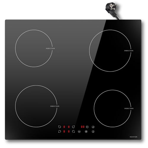 NOXTON Induction Hob 60 cm with Plug, 4 Plates with 3500 W, Self-sufficient Installation Induction Hob, Touch, 9 Heat Settings, 1-99 Min Timer, Child Lock, Automatic Shut-Off