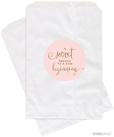 Andaz Press Dessert Table Party Favor Bags, A Sweet Ending to a New Beginning, Blush Pink Gold Glitter Print, 24-Pack, For Wedding Baby Shower Graduation Candy Buffet Treat Bags
