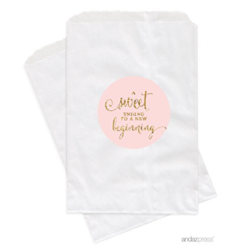 Andaz Press Dessert Table Party Favor Bags, A Sweet Ending to a New Beginning, Blush Pink Gold Glitter Print, 24-Pack, For Wedding Baby Shower Graduation Candy Buffet Treat Bags