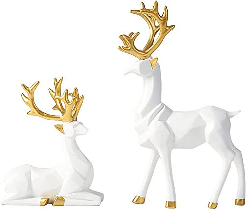 Joylern 2pcs Reindeer Figurines Deer Figurine Animal Crafts Sculpture Desktop Ornament for Xmas Holiday Party Table Decoration - White