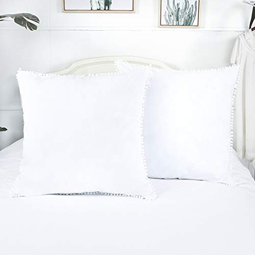 YINFUNG Pom Euro Sham Covers White European Sham 26x26 Set of 2 Pom Fringe Euro Pillowcase Boho Cute Pretty Ball Tassel Trimmed Girls 100% Cotton - Thumbnail 3