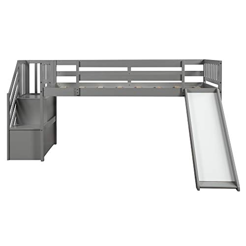 Kids Low Loft Bed with Slide and Storage Twin Loft Bed Frame with