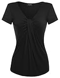 Zeagoo Women Casual V Neck Twist Knot Front Short Sleeve Top Summer Blouse, X-Large, Black