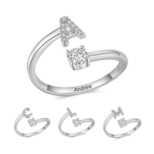 Bague Personnalisée Femme Avec Nom, Et Initiale Anneau Ouvert Ajustable Pour Femmes, Cadeau De Noël Cadeaux de Saint-Valentin Pour Petite-Amie Maman, épouse, Grand-Mère (Argent)