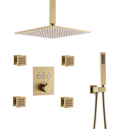 Brushed Nickel Gold Brass Shower System with Body Spray, Thermostatic 12inch Ceiling Rain Shower Heads Bathroom Faucet Mixer Set (Allows Multiple Heads to Function At a Time)