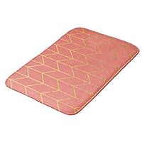 Aomsnet Gold Chevron Coral Pink Background Modern Chic Bathroom Decor Mat, Shower Rug Mat Water Absorbent Fast Drying Kitchen, Bedroom, Hotel.24 L X 16" W Inches with Non Slip Backing Bath Mat.
