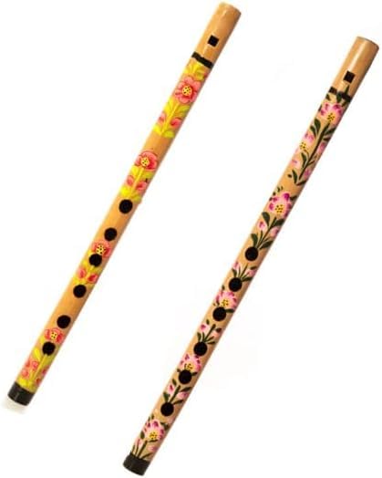 Decorative Traditional Handmade Wooden Bamboo Flute Basuri Indian Musical Instrument for gifting and Decoration (Flower Design-Set of 2)