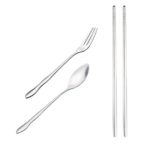 Fheaven (TM) Portable Folding Dinnerware Set Stainless Steel Fork Spoon Chopsticks Tableware Camping Tools for Travel + Case (Silver)