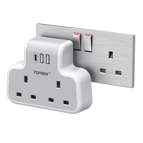 TOPREK Multi Plug Adaptor, Double Plug Adapter UK, 2USB-A & 1USB-C Extension Socket, Slim Wall Extension socket for Home, Office, Kitchen