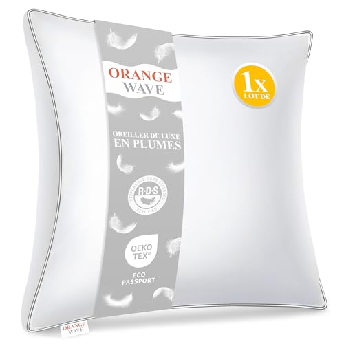 Orange Wave Oreiller Plume 60x60 - Coussin de Luxe en Duvet et Plume Qualité Hôtelière et Confort Oreiller Ergonomique, Certifié RDS et Oeko-TEX pour Un Soutien Optimal