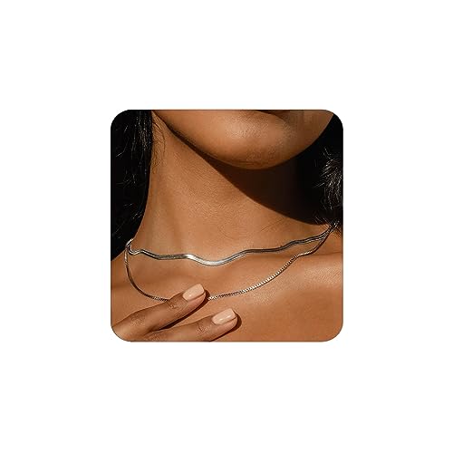 MUMREUES Silver Necklace,Sterling Silver Necklace for Women Herringbone Snake Necklace Box Chain Necklace Dainty Layered Choker Necklaces