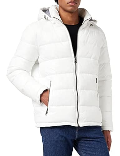 GUESS Men Mid-Weight Puffer Jacket with Removable Hood, White