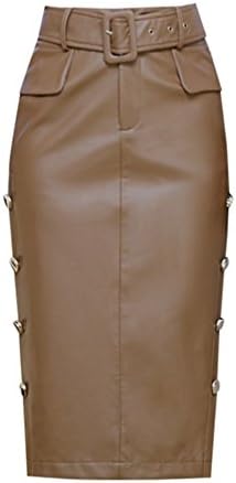 Faux Leather Pencil Skirt Below Knee Length Skirt Midi Bodycon Skirt Womens(Khaki,L)