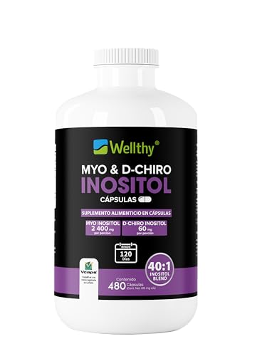 Wellthy Myo & D-Chiro Inositol 480 Cápsulas. Mezcla Óptima 40:1, 2400mg Myo Inositol y 60mg D-Chiro Inositol, Ingredientes 100% Naturales, 4 Meses de Consumo, Gluten Free, Sugar Free, Vegan.