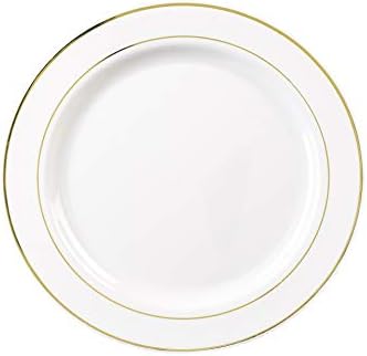 20 Plastic Plates, Elegant, Heavyweight Disposable, High Gloss Reusable & Recyclable, 26cm – 10.25” (White-Gold)