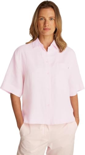 Linho Relaxado Camisa de Manga Curta Feminina, Rosa (Rosa Claro), 32