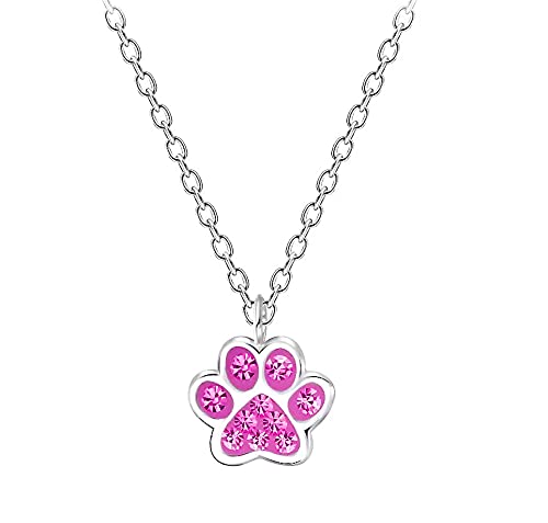 Katy Craig Pink Dog Cat Pet Paw Print Necklace - Sterling Silver with Crystal Stones for Children/Teenagers