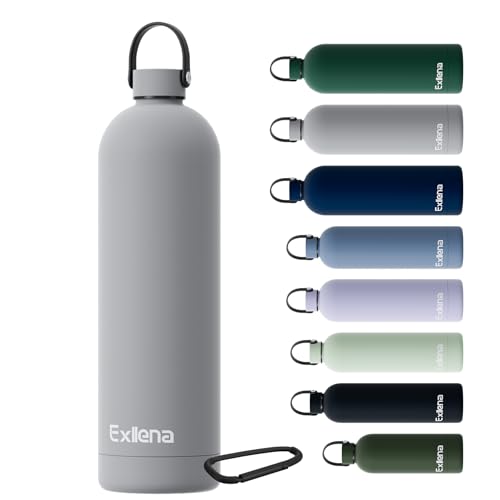 Exllena Trinkflasche Edelstahl mit Griff & Karabiner–500ml/750ml/1L/1,5L isolierte Thermosflasche, 100% auslaufsicher und BPA-frei, Wasserflasche ther