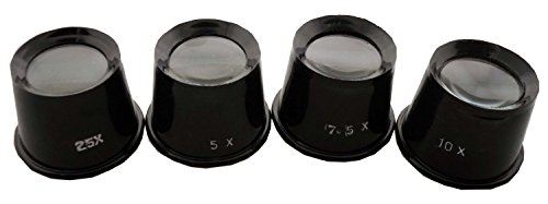 4 Piece Black Plastic Jeweler's Eye Loupes With 2.5x, 5x, 7.5x, And 10x Power