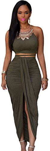 Christmas DH-MS Dress Women's Olive Faux Suede Two Piece Maxi Skirt Set Onesize