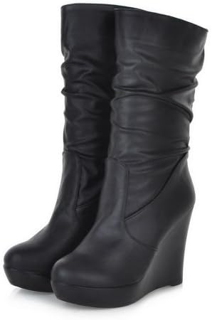 AmoonyFashion Womens Close Round Toe Platform Burnished Ruched High Heels Wedges Boots