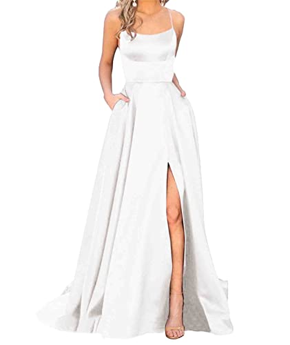 xxxiticat Damen Elegant Lange Ballkleider mit Taschen Satin A-Linie Backless Hochzeitskleid Abendkleider Sexy Neckholder Spaghetti Brautkleid Kleider Lang Prinzessin Brautjungfer Kleid (WH-XS)