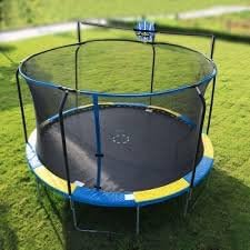 BOUNCE PRO 14' Trampoline Blue/Yellow Enclosure and Basketball Hoop,