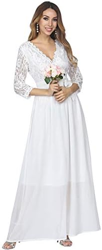 KUREAS Wedding Dress V Neck Long Sleeves Women Formal Party Lace Evening Dress