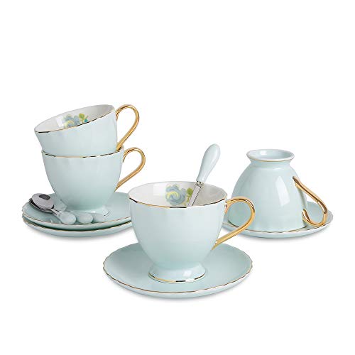 ARTVIGOR 12-Piece Silver Rimmed Coffee Tea Set fo with Saucers and Spoons New Bone China 6.8oz Teacups, 14.6 x 14 x 4.1 inches Blue