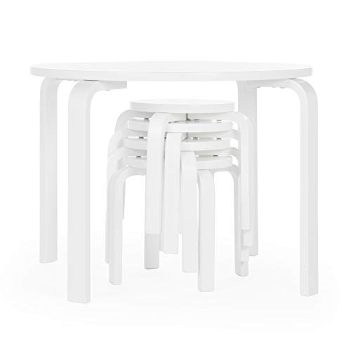 Guidecraft Nordic Table and Chairs Set for Kids White Stacking Bentwood Stools with Curved