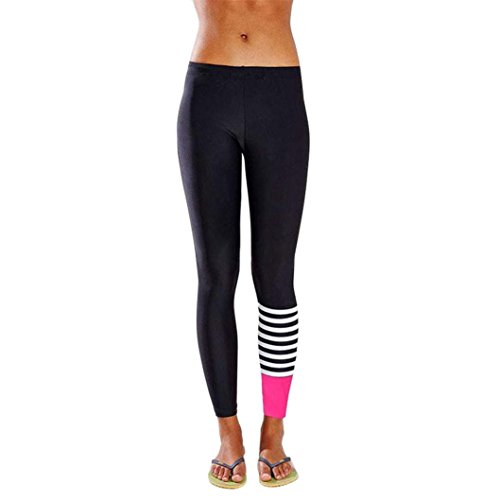 Snowfoller Women Striped Stretch Trousers Yoga Running Pants Dance Jogger Athletic Trousers High Waist Leggings (M, Hot Pink)