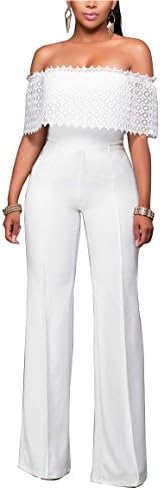 Relaxlama Women's Jumpsuits Off Shoulder Lace Top High Waisted Wide Leg Playsuits Clubwear White Small