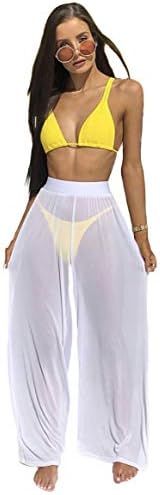 GirlFriendMaterial Chiffon Bikini Cove Up Pants Sheer Palazzo Wide Leg Trousers Ruffle Beach Pool Party Wear Swim Bikinsuit See Through Lingerie High Waist Sarongs