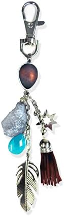 XS Accessories Boho Keychain Semi-precious Crystal Raw Stone Charm (Brown Tassel)