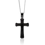 Cross Necklace for Men with Large Pendant and 24 Inch Curb Chain (Black)