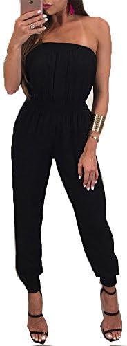 Women's Sexy Slim Soft Strapless Jumpsuit Romper BlackCasual Jumpsuit Off-Shoulder Backless Jumpsuits Sleeveless Jumpsuits (L, Black)