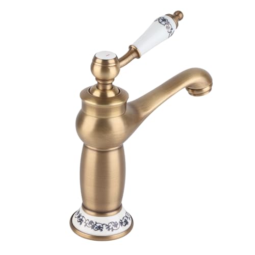 Vintage Floral Ceramic Single Handle Basin Mixer Tap, Bronze Finish, Hot and Cold Water, Brass with Floral Pattern, Antique Style, 19x16.5x6.4cm